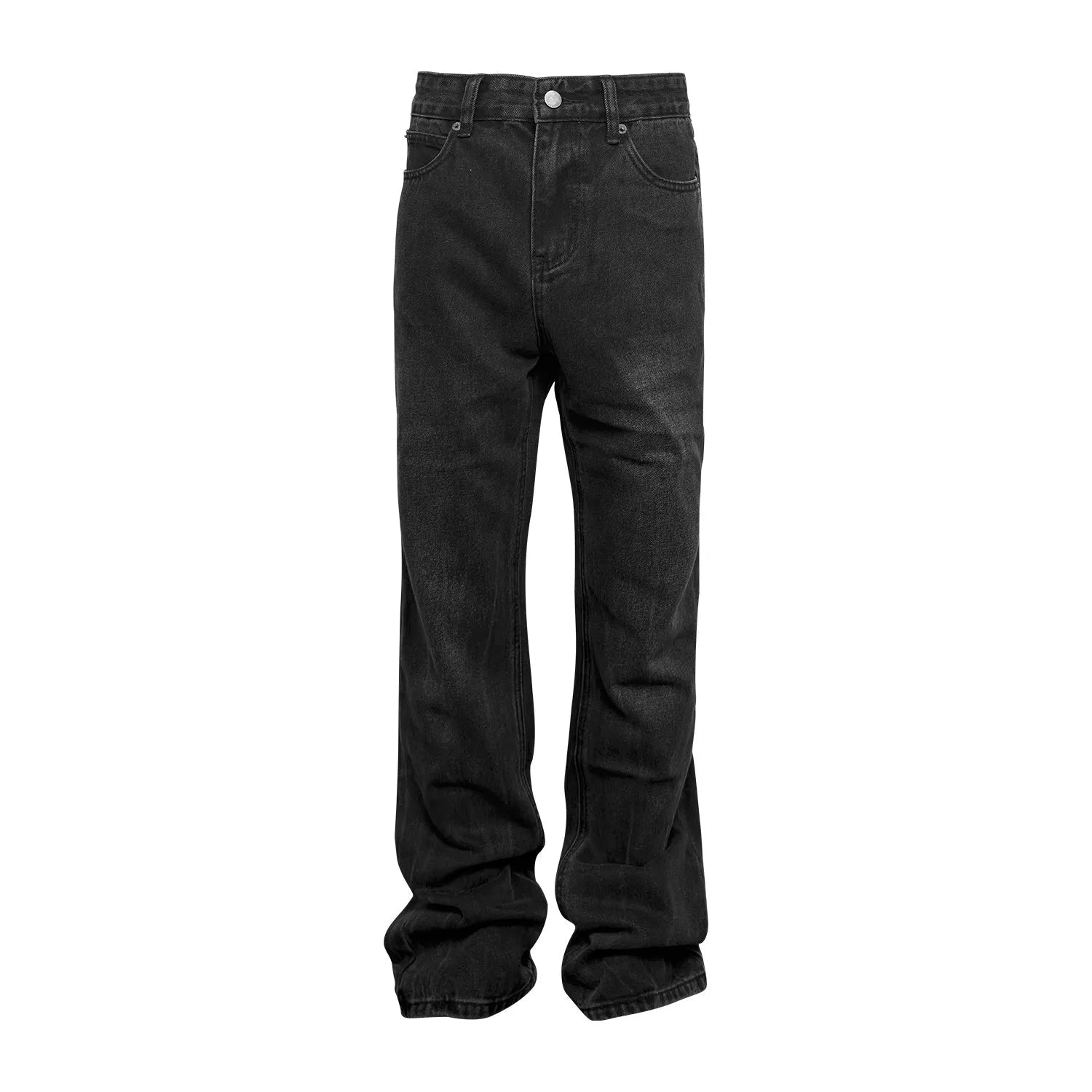 Black washed cracked denim trousers middle waist zipper fly men's regular length black jeans