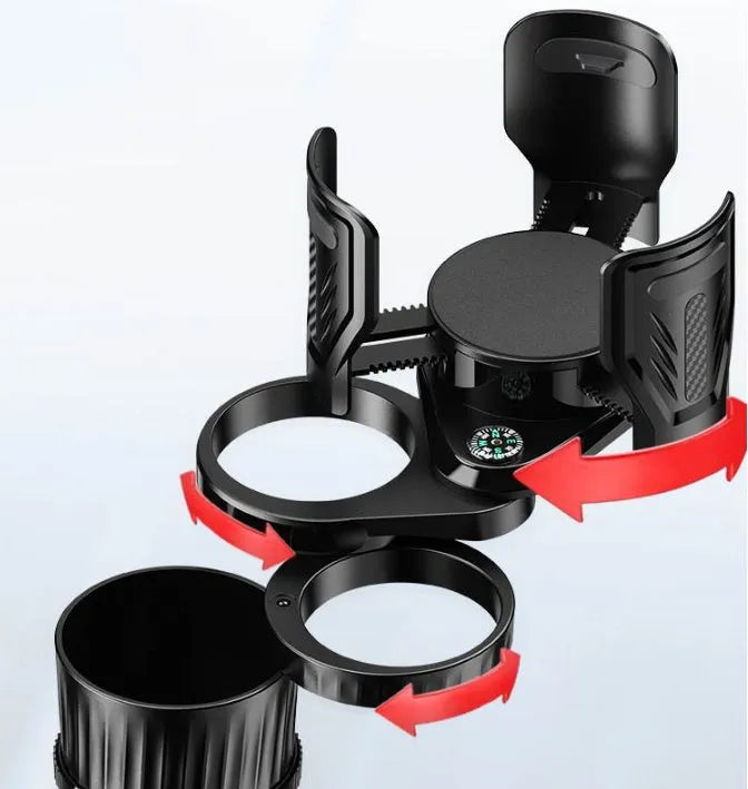 Retractable black car drink cup holder with adjustable base on a car console.