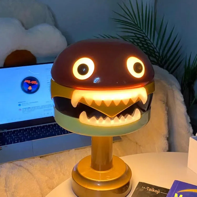 Cartoon hamburger-shaped table lamp with LED, tri-colour dimmable touch switch, 17.5cm x 29cm