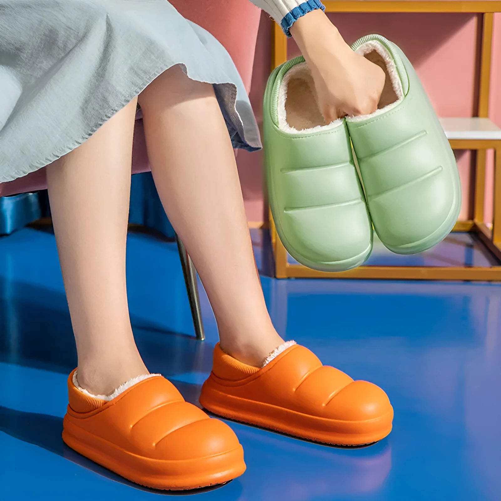 Yellow women's EVA overshoe slippers with plush lining and a textured non-slip sole on a wooden deck.