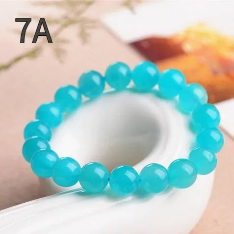 Loose polished Grade 7A Amazonite beads in various sizes on a white background.