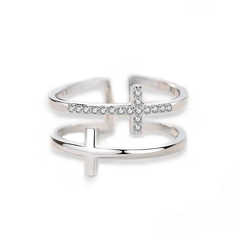Women's adjustable geometric copper ring with zircon stone inlay and electroplated finish
