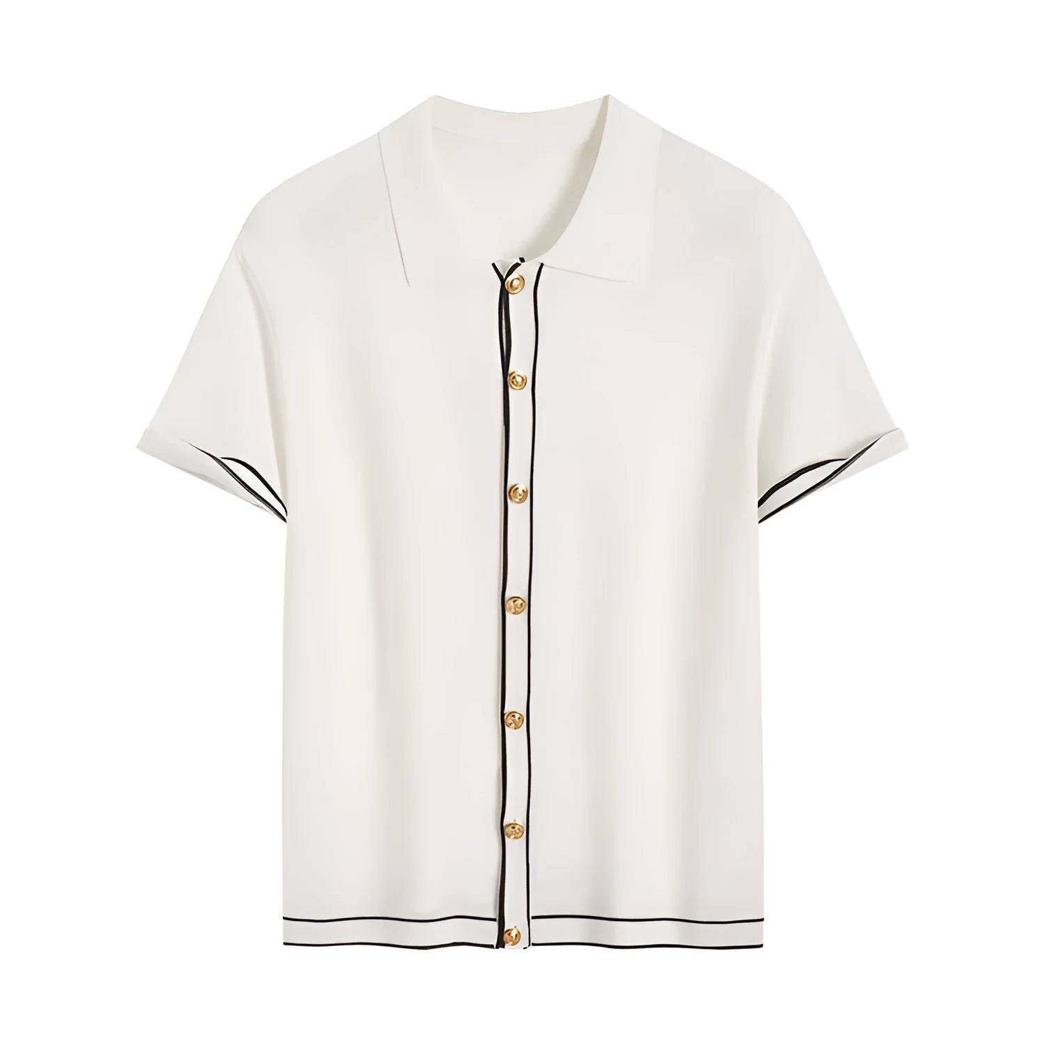 White short-sleeve women's V-neck cardigan with dark contrasting lapels laid flat.