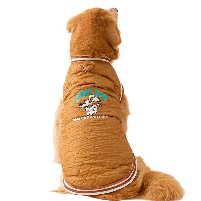Quilted cotton brown pet vest for large dogs with Lucky Dog embroidery and leash ring