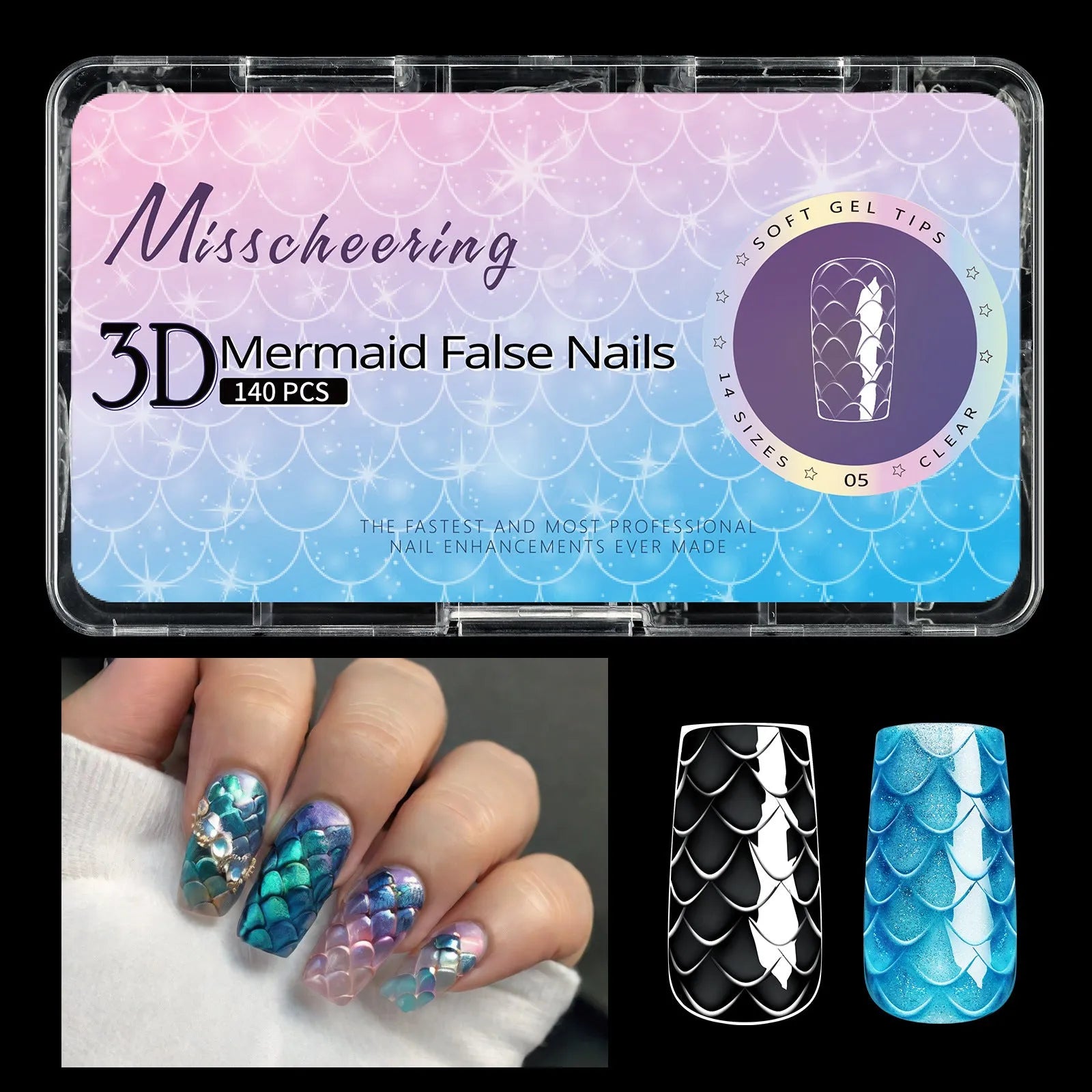 Box of 3D scale long shaping artificial nail tips for stiletto and coffin nail art designs.