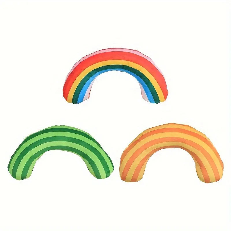 Set of four striped pattern cat toys with catnip and bells in green, rainbow, and yellow colours