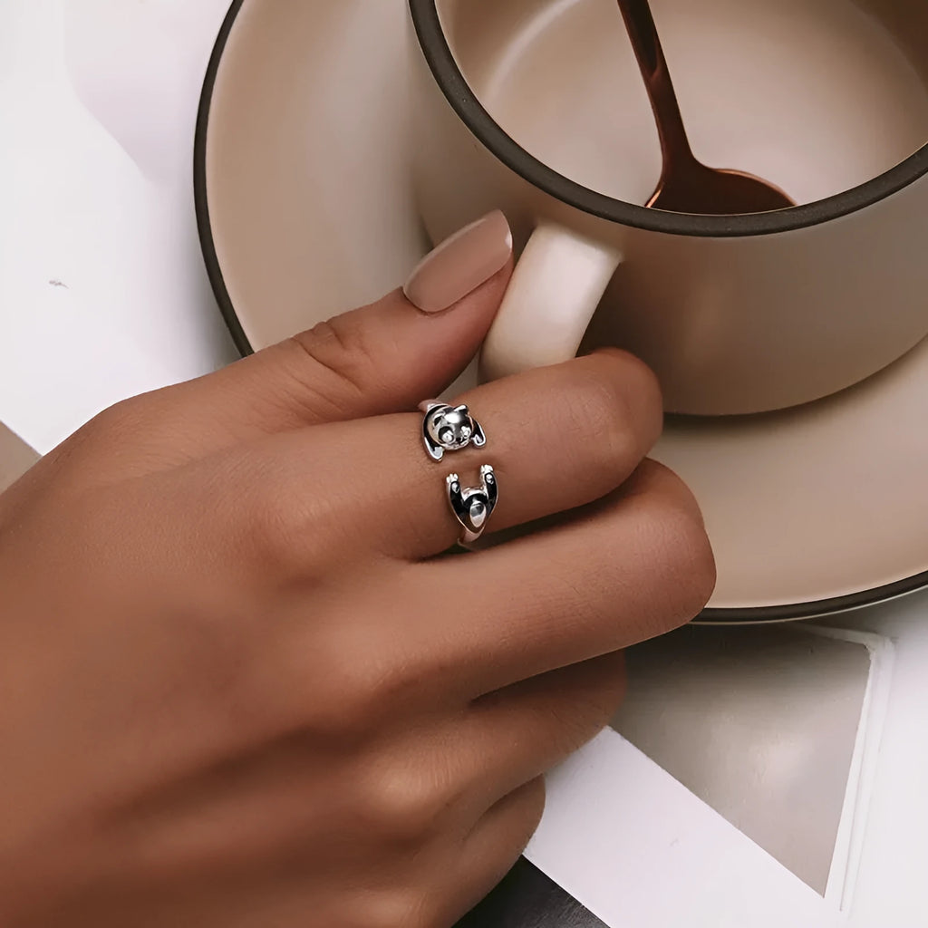 Sterling silver adjustable panda ring bracelet with white gold plating