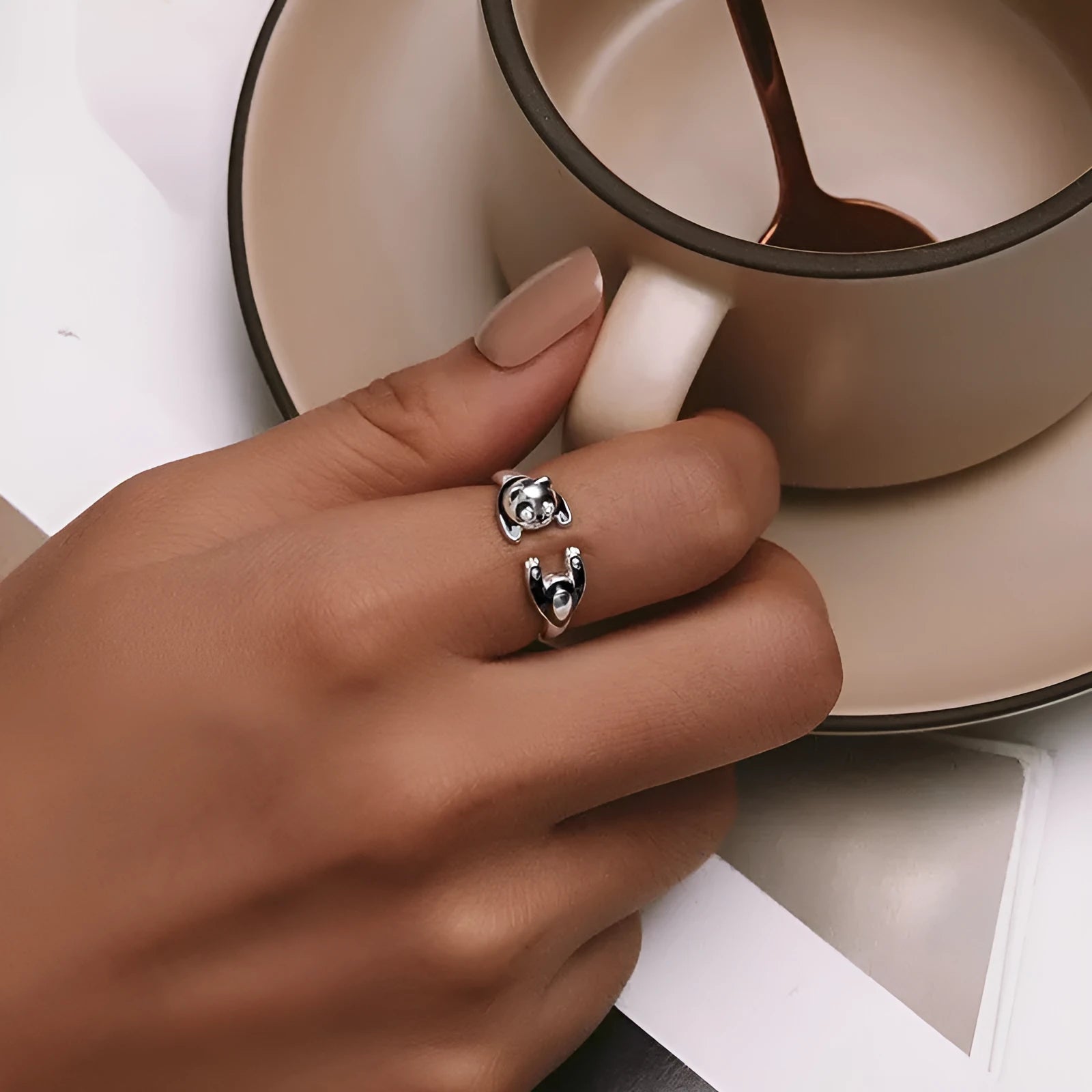 Sterling silver adjustable panda ring bracelet with white gold plating