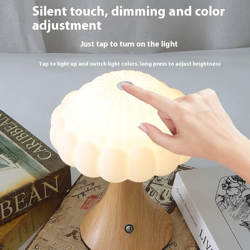 Mushroom lamp with touch control and USB charging in wood grain, white, cream, grey, or black colour