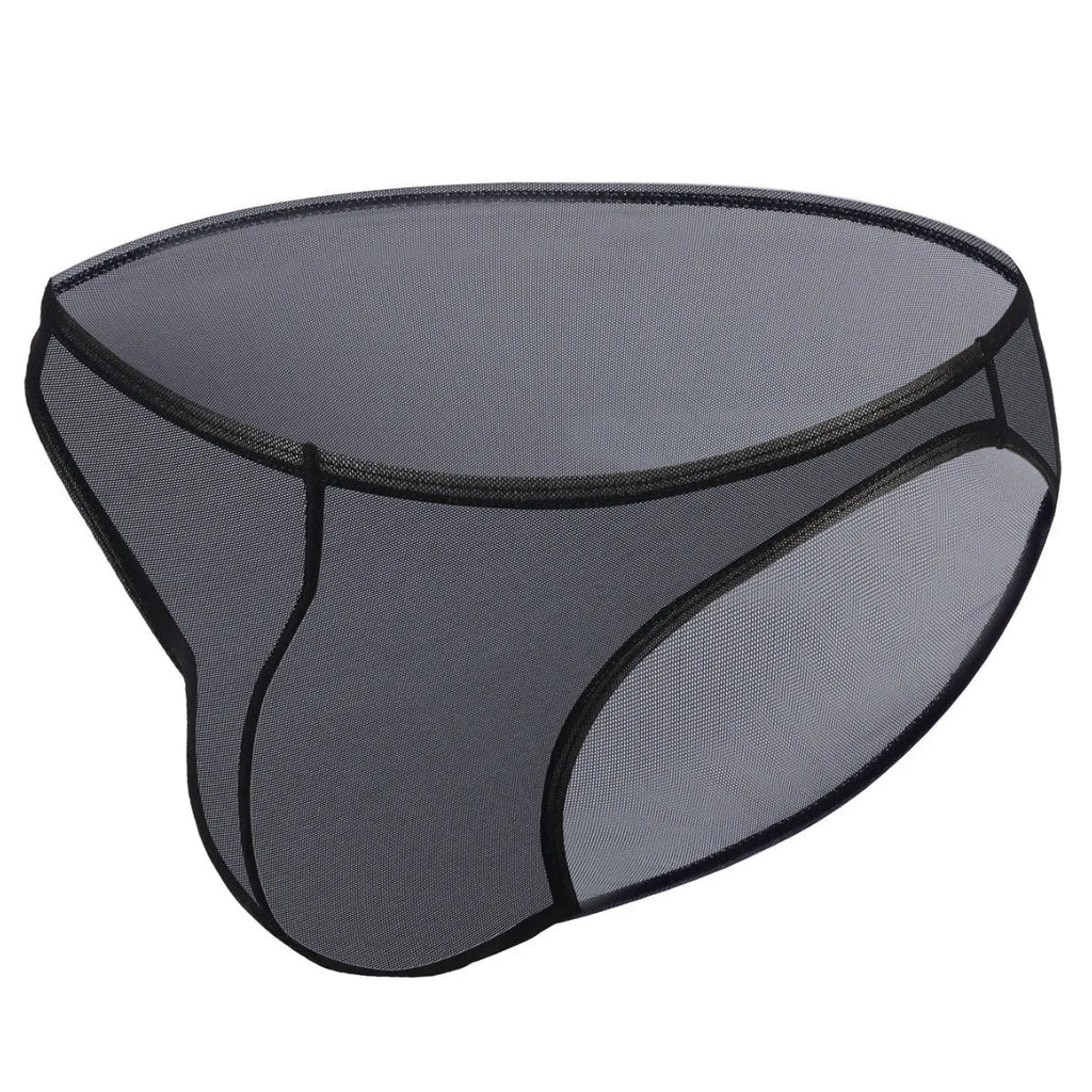 Men's black low-waist triangle briefs made from quick-drying Nylon ice silk fabric.