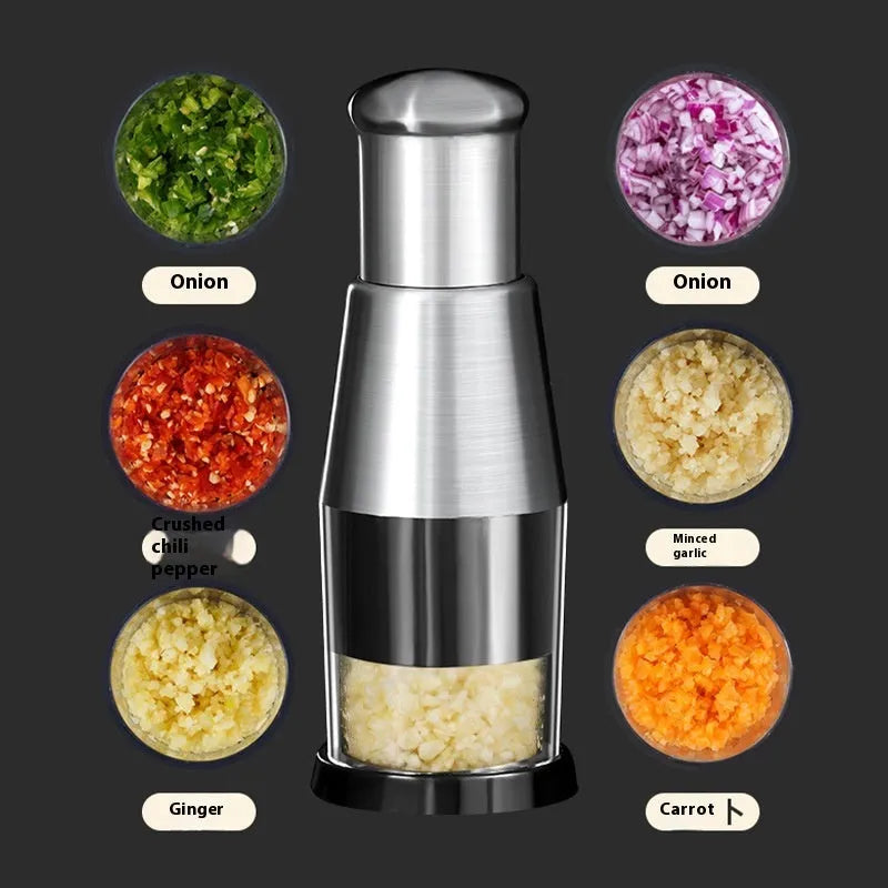 Manual garlic press and onion chopper with stainless steel blades on a kitchen counter.