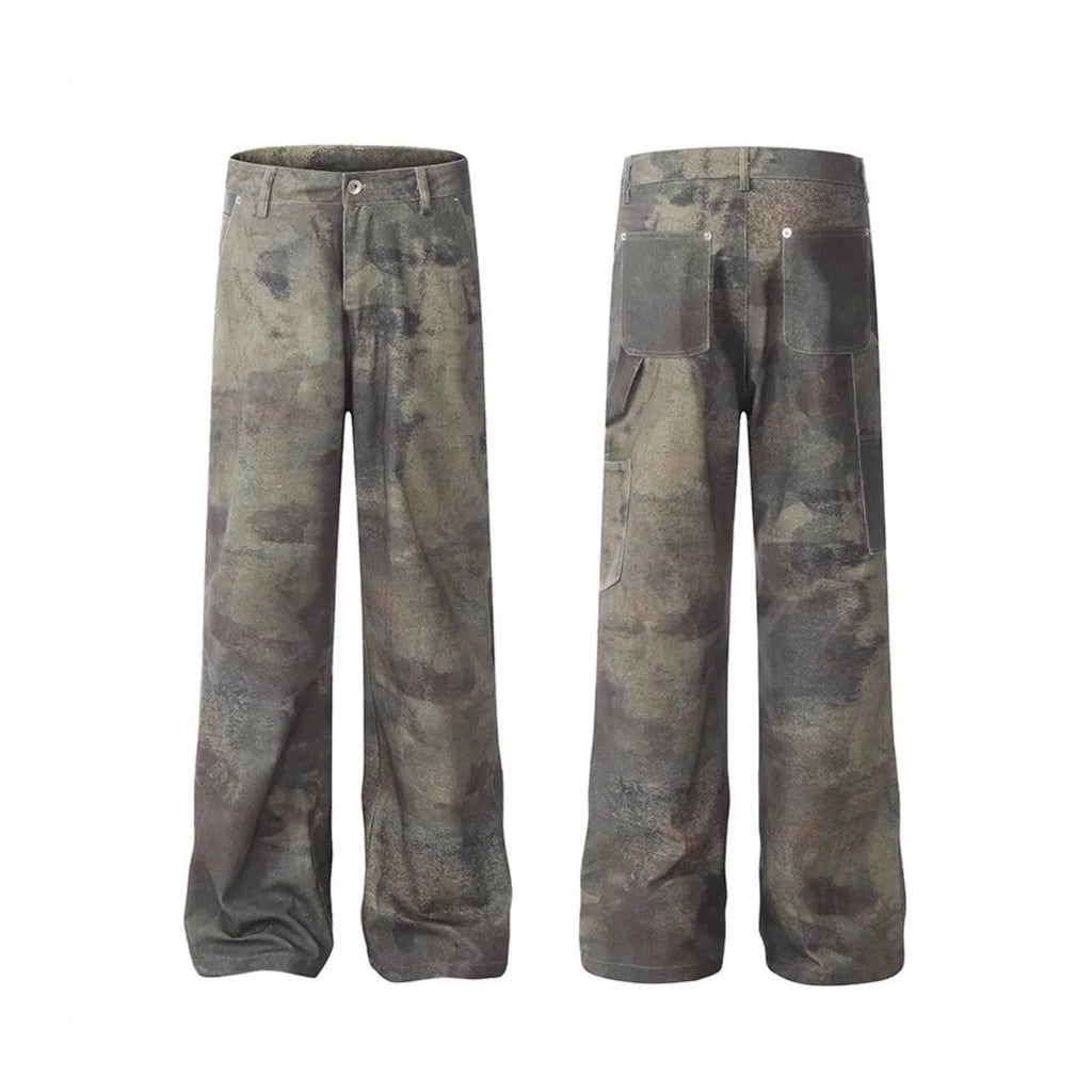 Retro digital camouflage pattern on straight-leg men's jeans with a mid-rise waist.