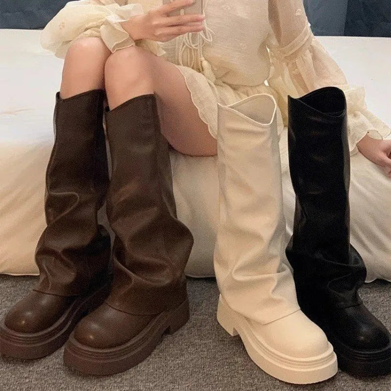 Women's autumn round toe high cylinder platform boots in beige, brown, and black, PU upper and rubber sole