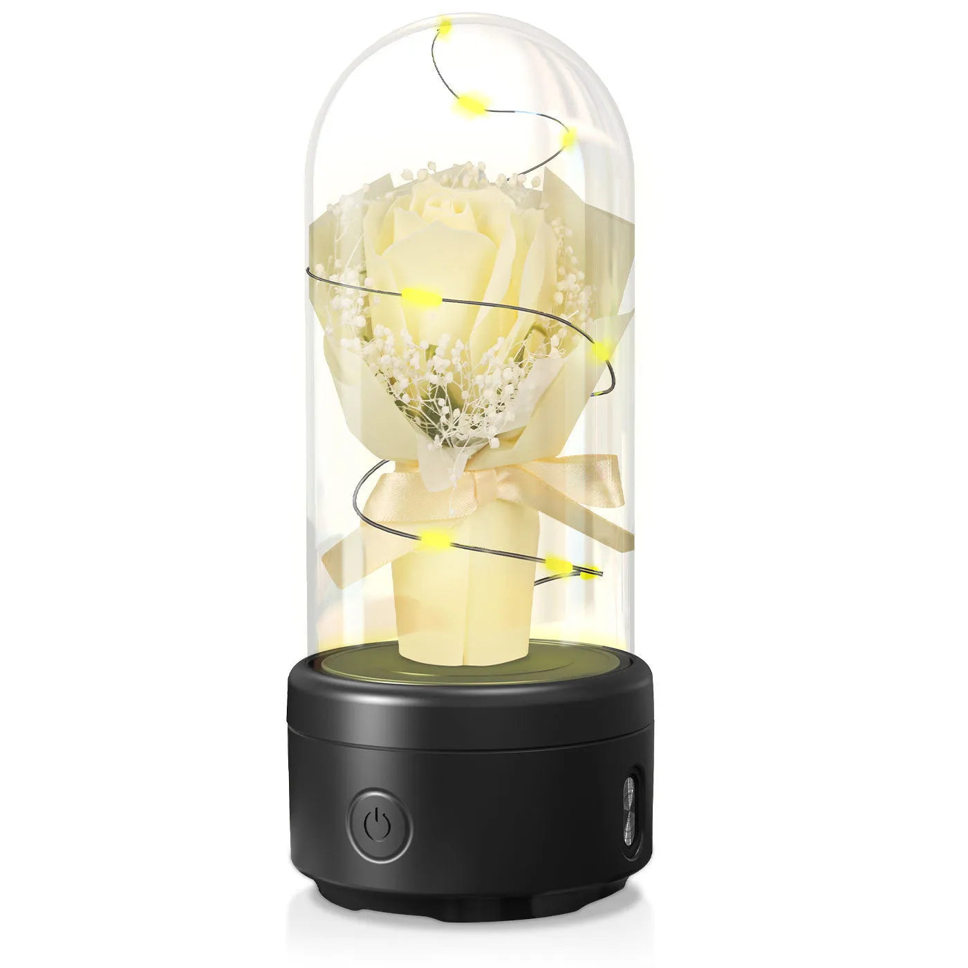 LED floral bouquet night light with Bluetooth speaker in glass cover showing multiple colour options