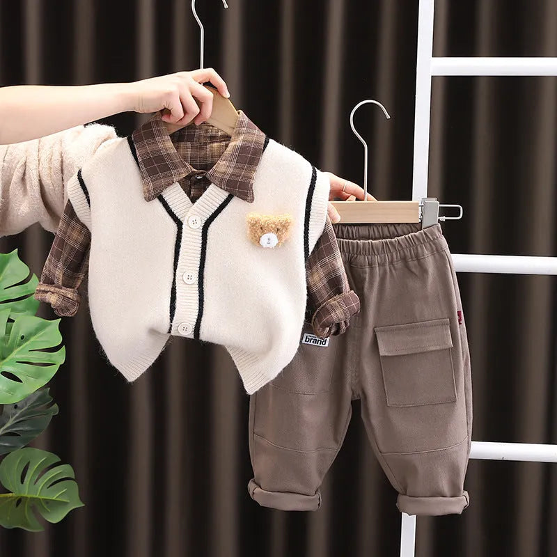 Children's knitted cotton sweater vest set with long sleeves, cartoon pattern, beige and brown colour options, sizes 80-120cm