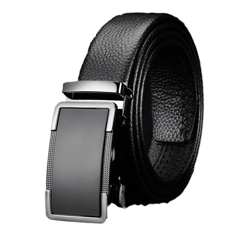 Men's automatic buckle leather belt in gun black, silver, or gold colour showing the alloy clasp and standard 2-4cm width.