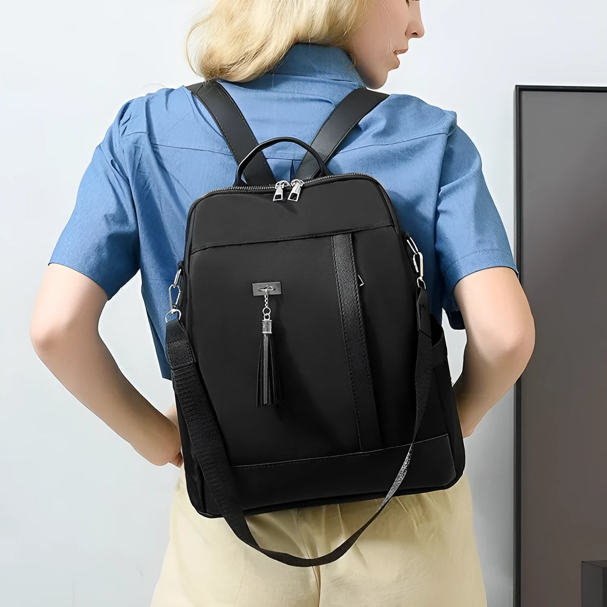 Women's Oxford cloth backpack with large capacity, anti-theft design, and multiple pockets in Black