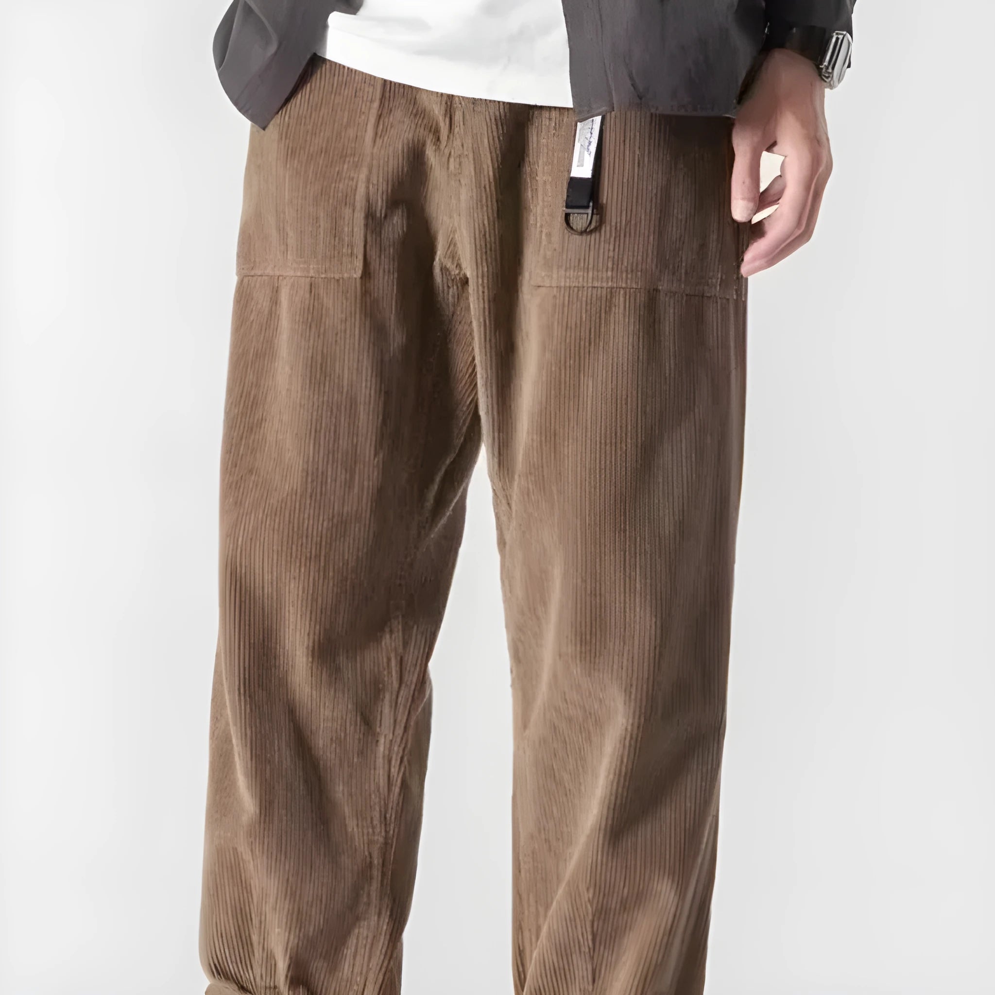 Men's loose straight tapered pants in dark grey with wide leg sports design