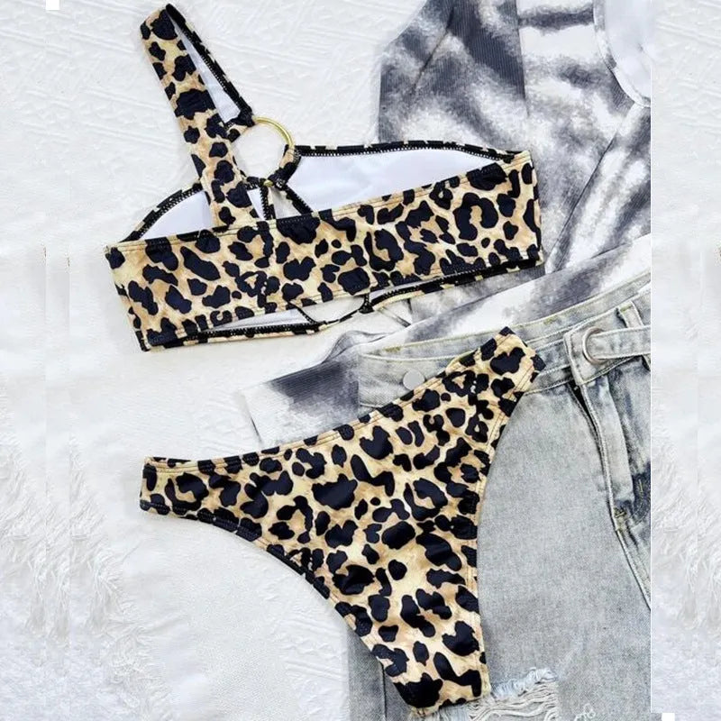 Women's leopard print polka dot hollow design nylon bikini swimwear