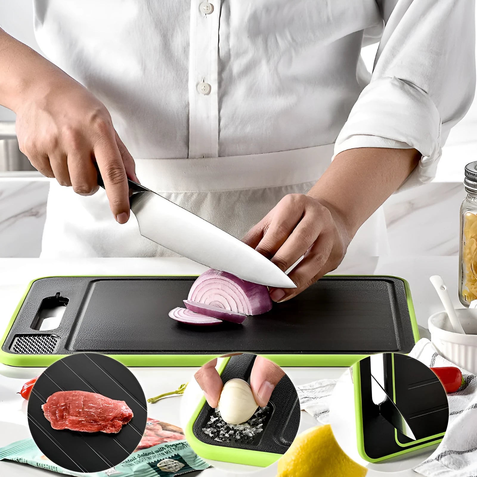 Grey square aluminium cutting board with double-sided design showing cutting surface and grinding teeth