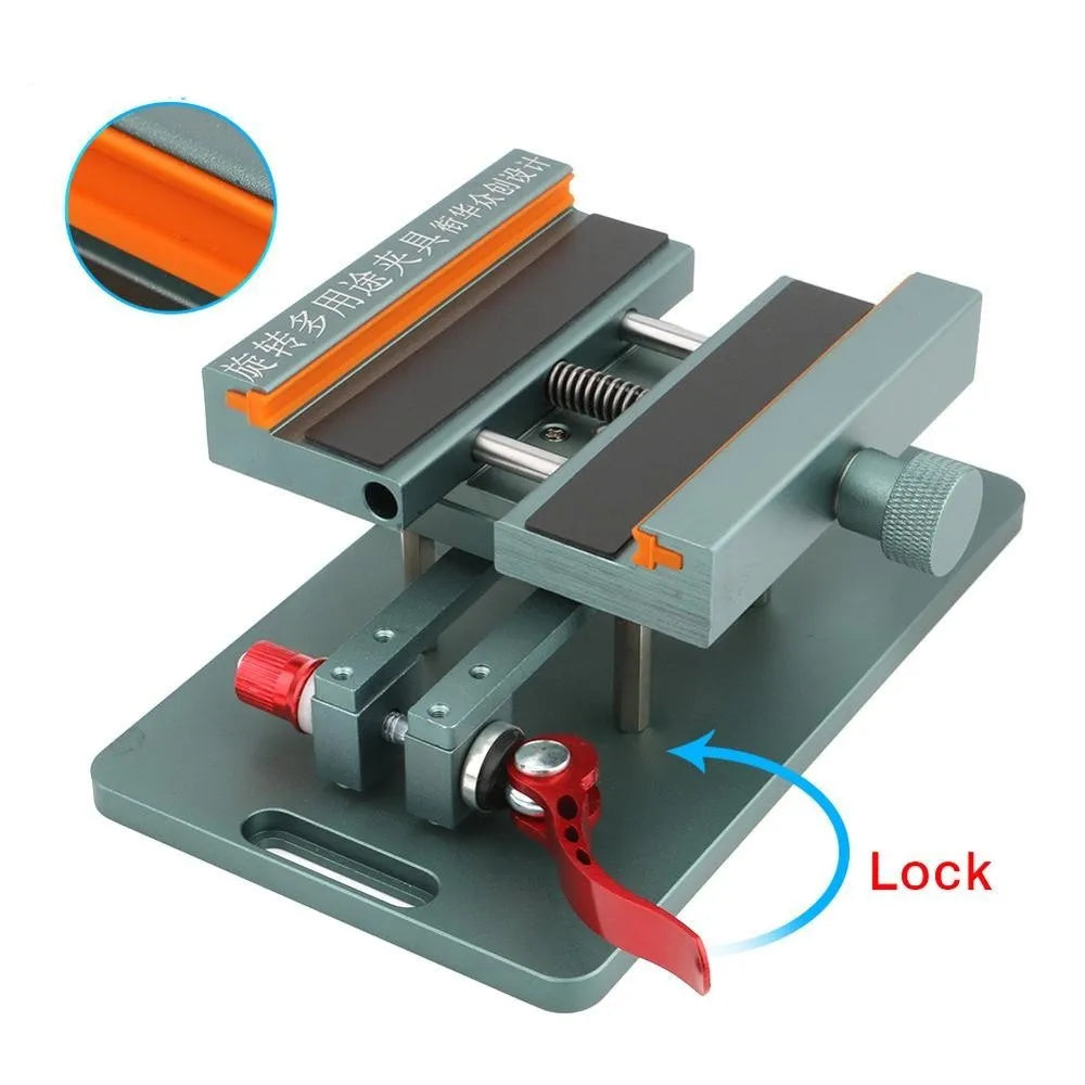 Mobile phone repair fixture with adjustable arms and silicone grip pads for device protection