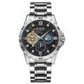 Men's automatic mechanical watch with luminous hands on a wrist, showing silver case and blue face option.