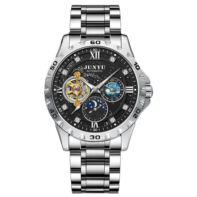 Men's automatic mechanical watch with luminous hands on a wrist, showing silver case and blue face option.