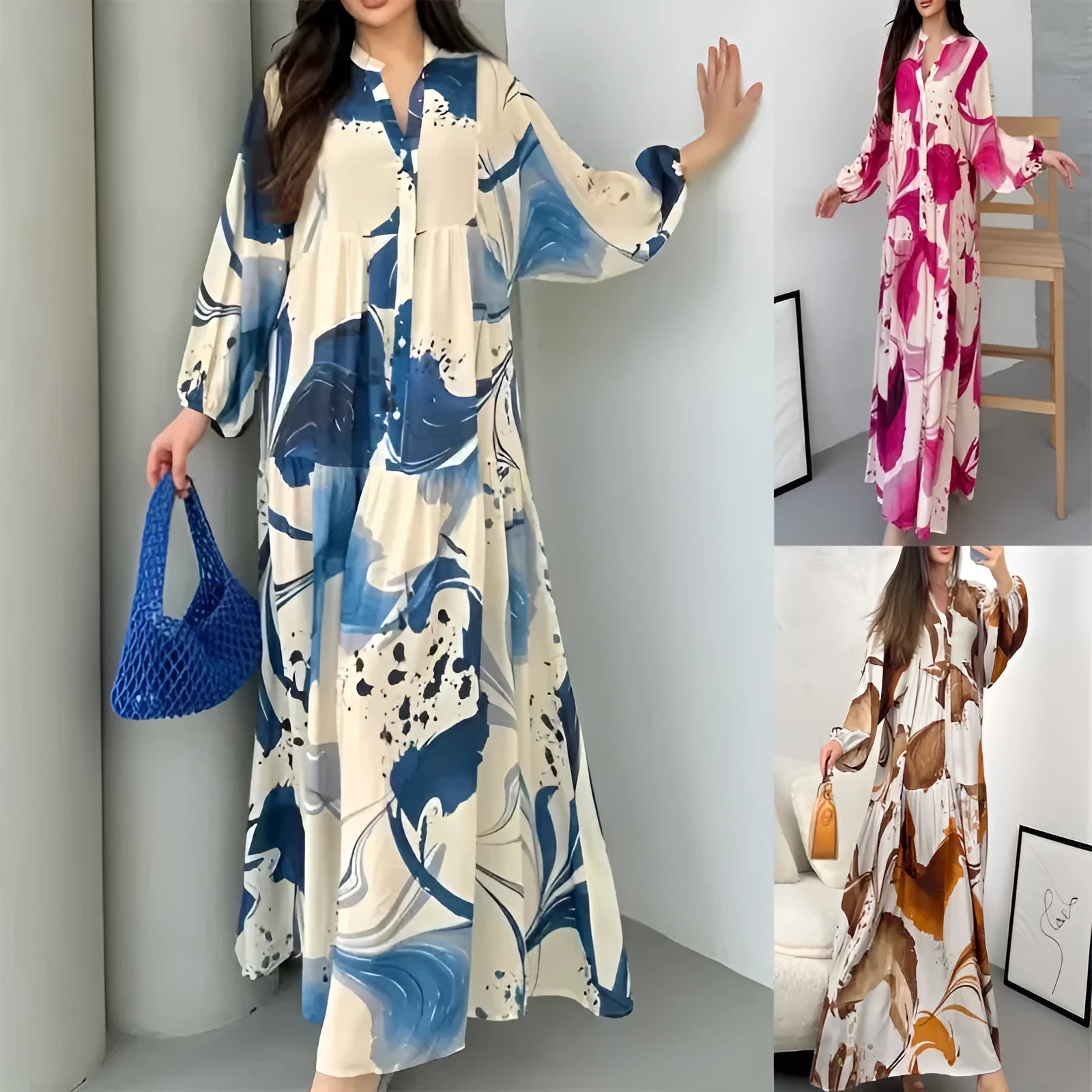 Loose casual V-neck dress with oversized swing skirt in Rose Red, long sleeves, spliced style, mid waist, casual Japanese Korean design