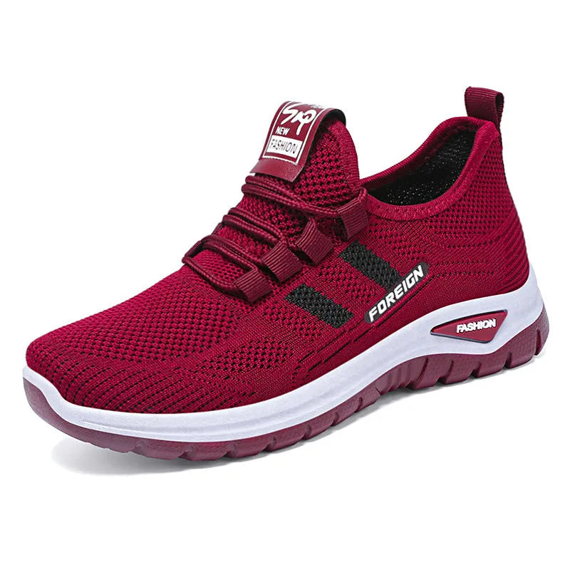 Breathable mesh casual shoes in black, grey, purple, and red colours with flat PVC sole