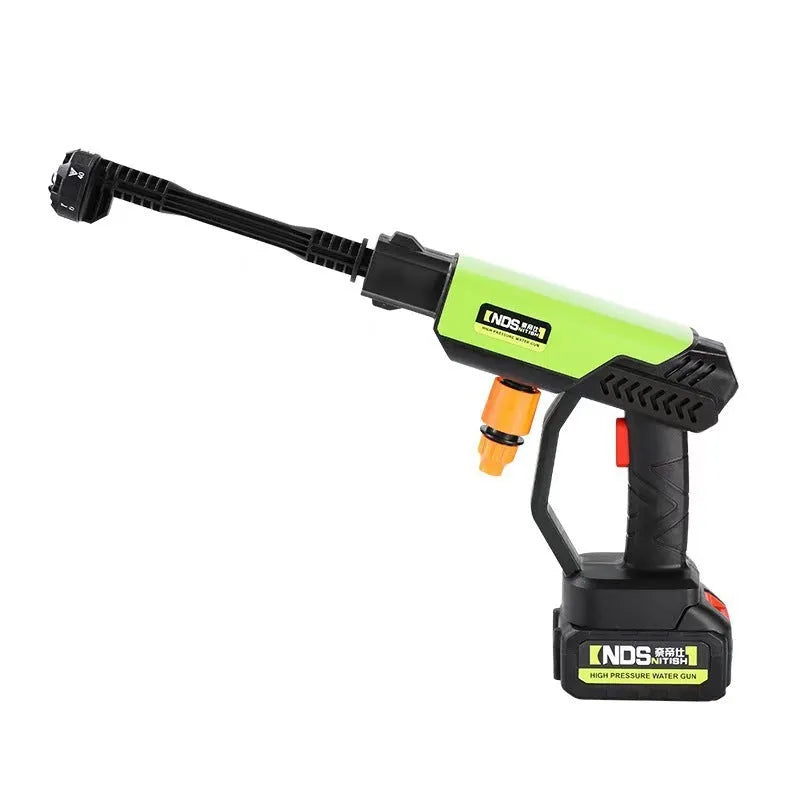 Green wireless high-pressure water gun with six nozzle attachments and foam pot for garden cleaning