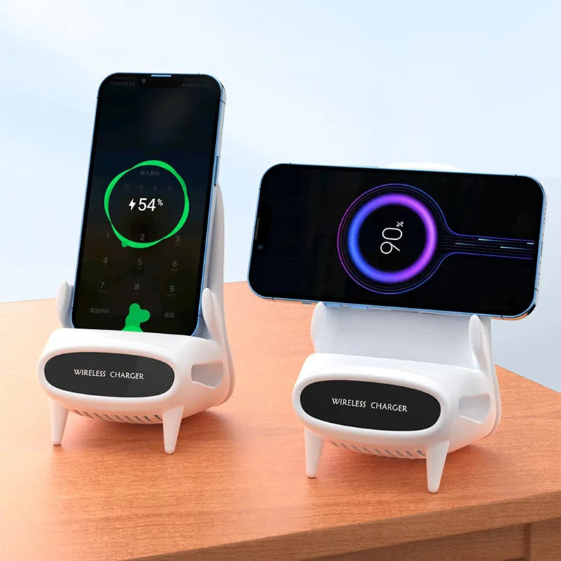 White mini chair-shaped wireless phone charger with 10W fast charging capability on desk