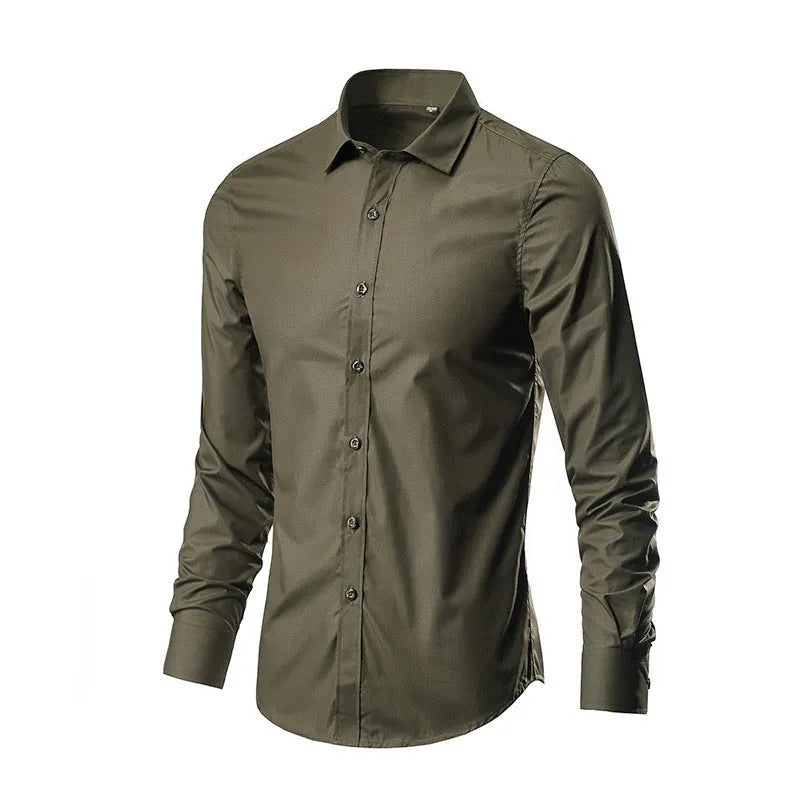 Long-sleeve linen shirt in a slim loose fit on a hanger, shown in a navy blue colour.