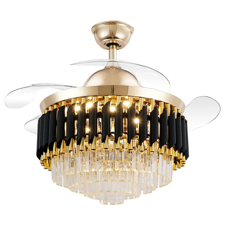 Crystal chandelier ceiling fan light with LED illumination and remote control in 42-inch or 48-inch size options
