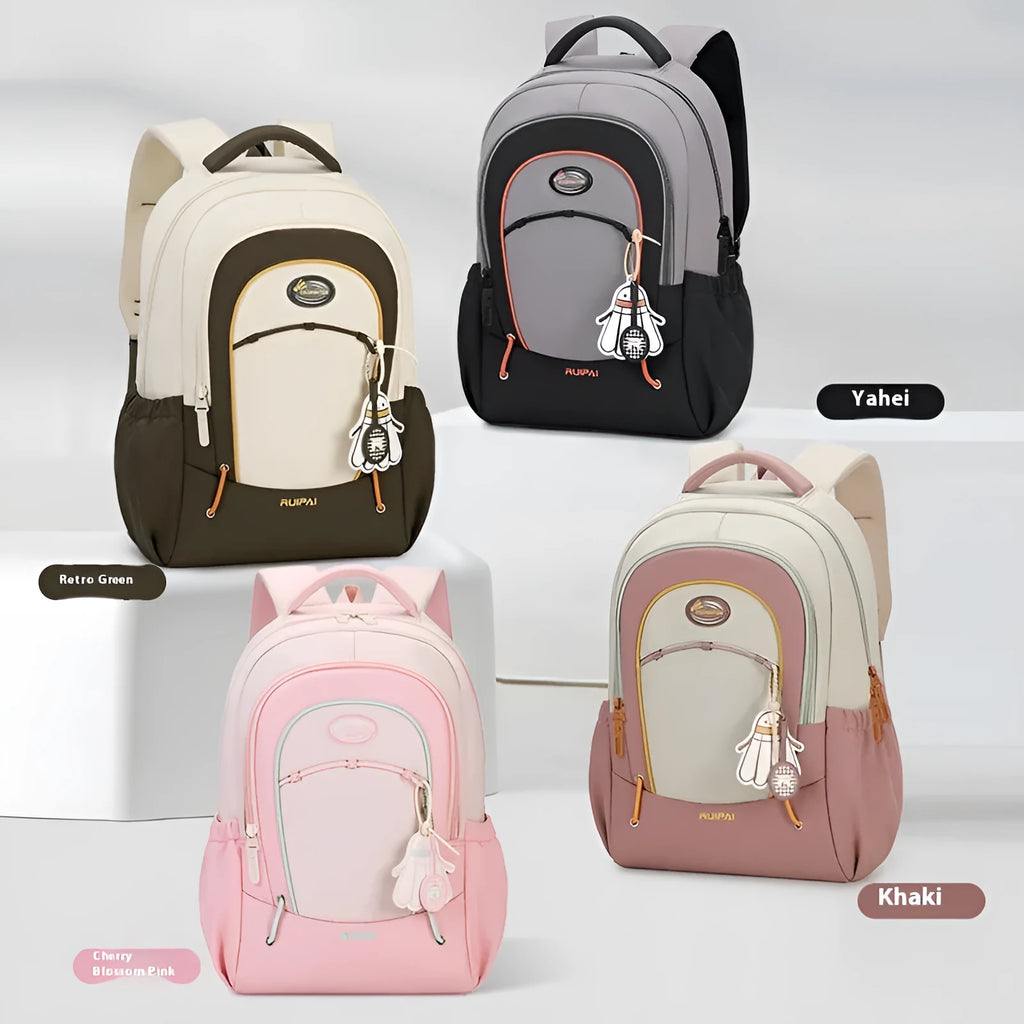 Leisure travel backpack with curved shoulder straps in cherry blossom powder colour showing sewing thread detailing