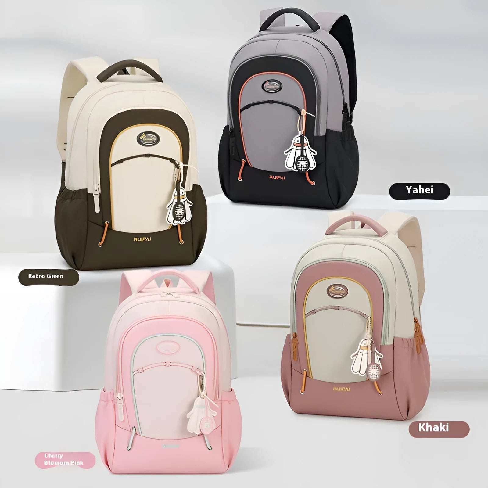 Leisure travel backpack with curved shoulder straps in cherry blossom powder colour showing sewing thread detailing