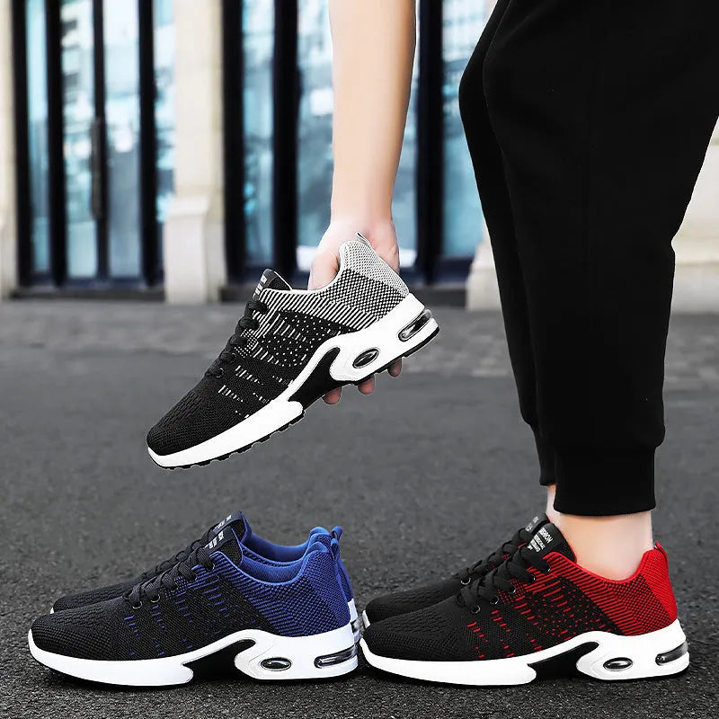 Men's black and gray Flyknit mesh casual sneakers with flat sole and lace-up front