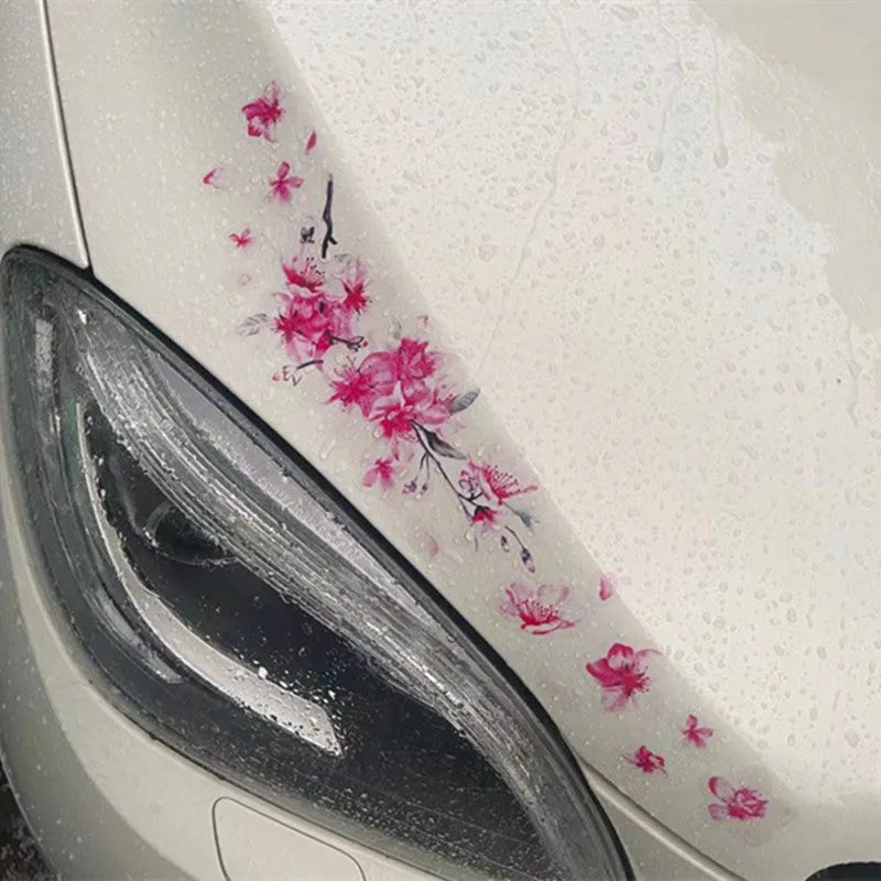 Cherry blossom flower pattern car sticker on vehicle window showing waterproof PVC material