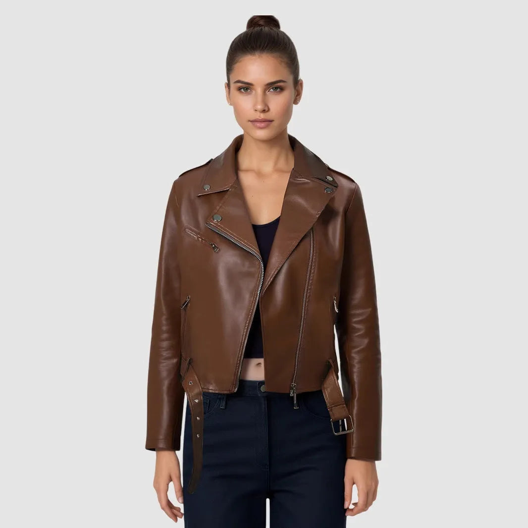 Women's black PU leather motorbike jacket with a lapel collar and waist belt.