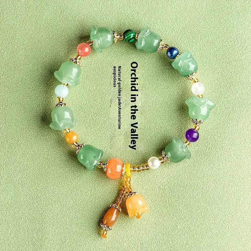 Natural Xinjiang jinsi jade bracelet with hand-carved aventurine orchid beads for women