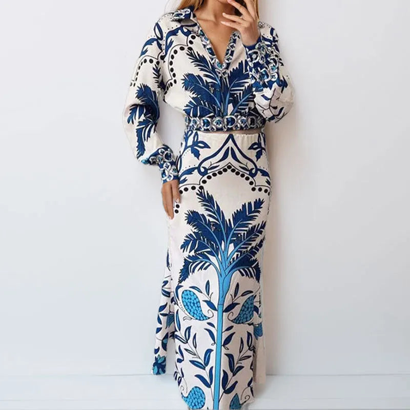 Women's long sleeve top and skirt early spring casual set in polyester fabric