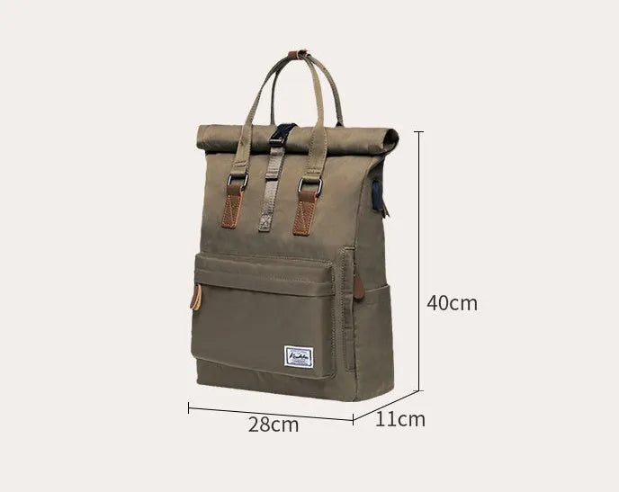 Polyester casual backpack in black, dark grey or green, showing zippered opening and under 20L capacity.