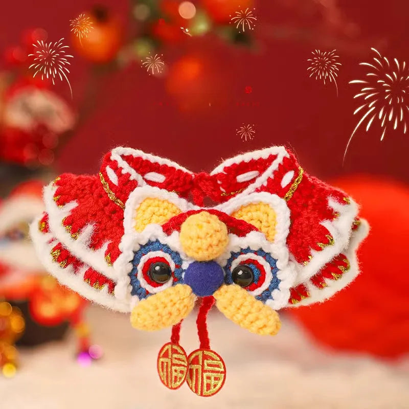 New Year pet scarf collar in Lion Dance Blessing design for cat or dog, size S or M, festive autumn winter accessory