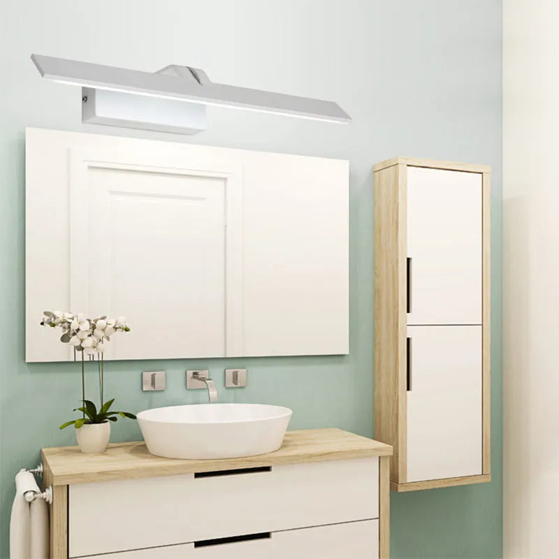 White LED mirror headlight with tri-colour dimming mounted above a bathroom mirror, 520mm length