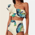 White one-shoulder women's swimsuit with a double-layer lotus leaf split skirt.