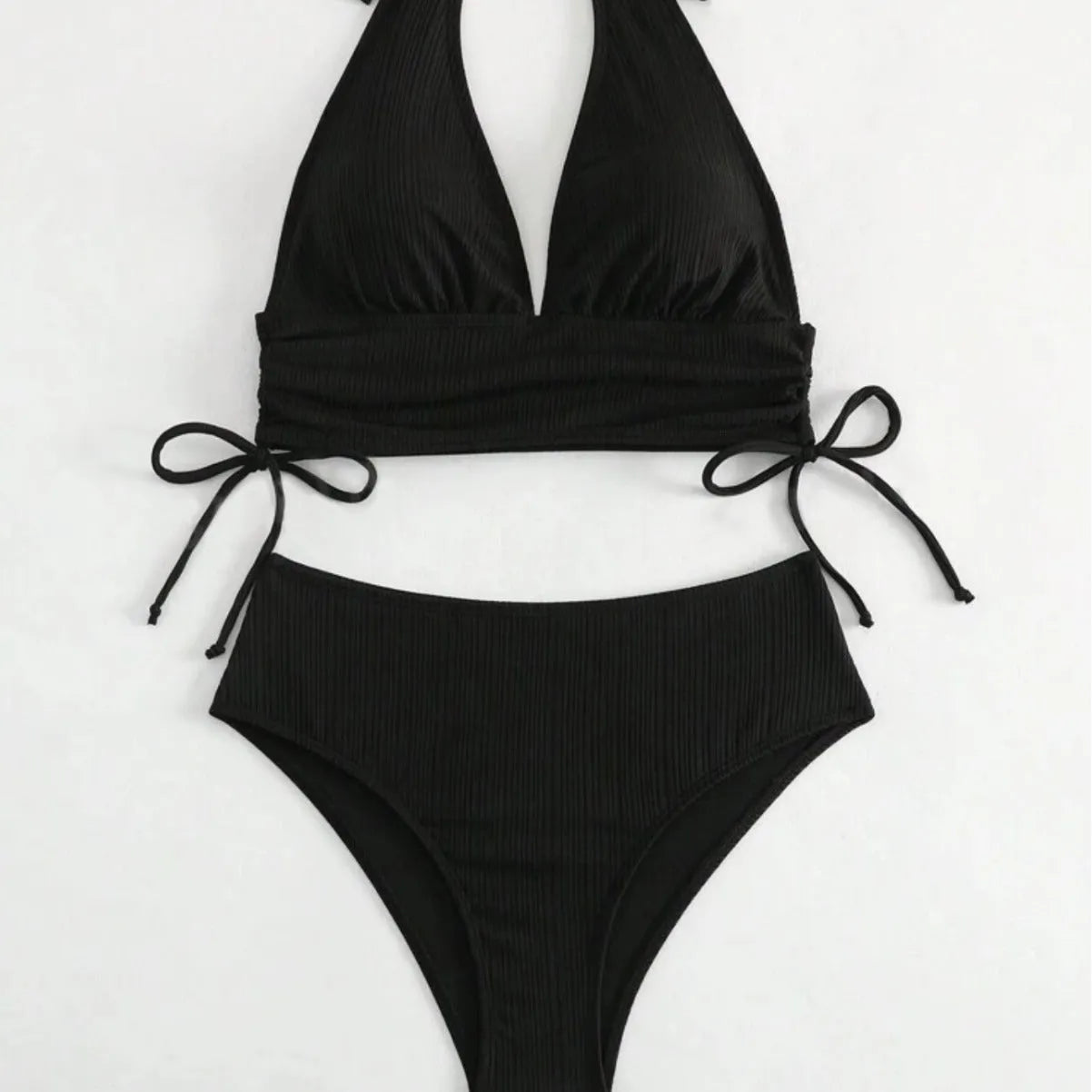 Black lace-up halter bikini set with triangle top and high-waisted briefs