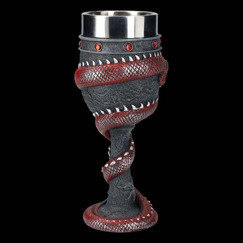 Red wine glass with stainless steel stem and 3D gold dragon resin decoration