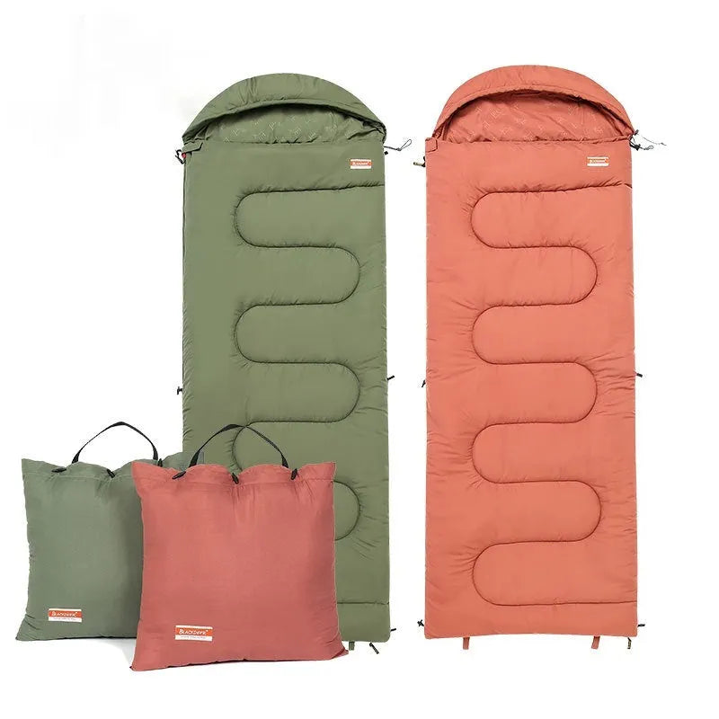 Ochre and olive green cotton sleeping bag quilt with storage bag for outdoor camping