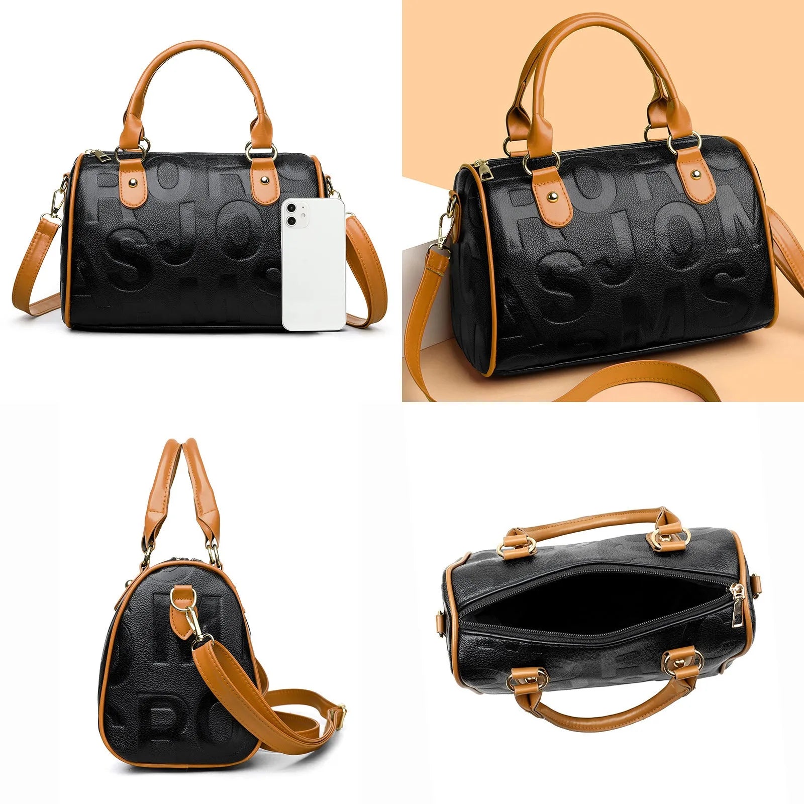 Brown cylindrical crossbody bag with three adjustable shoulder straps showing suitcase shape