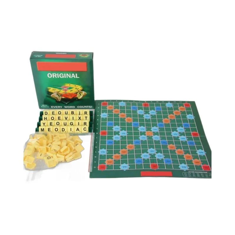 Scrabble English board game with paper chessboard and plastic tiles in colour 6680E