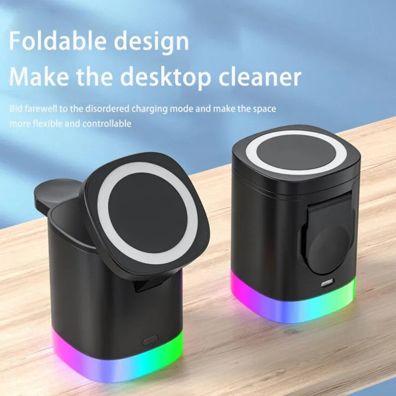 Black foldable 3-in-1 magnetic wireless charging station showing phone, watch and earbuds charging simultaneously.